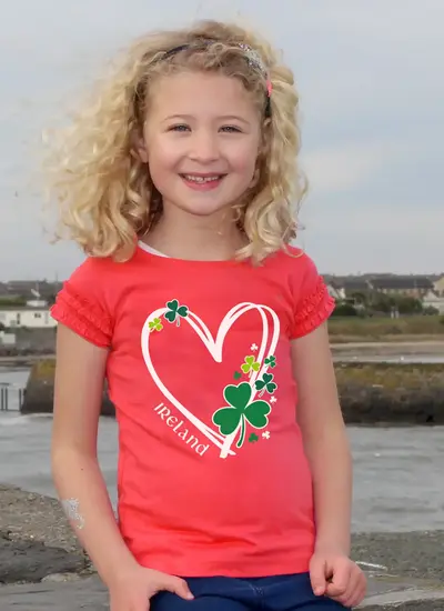 Kids Ireland Shamrock Heart T-Shirt in Coral